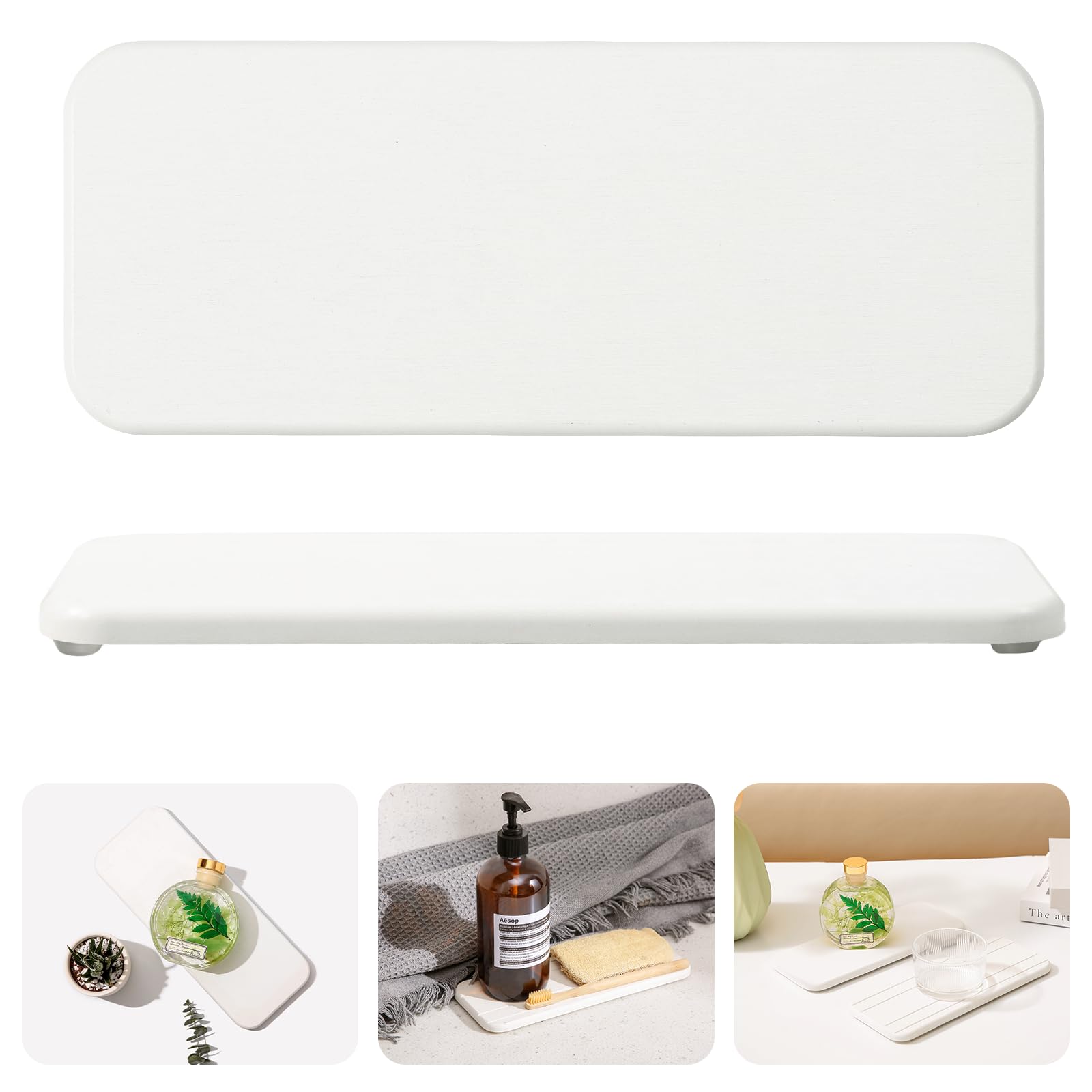 WALL QMER Fast Drying Stone Soap Tray, 9.9'' × 4'' Stone Drying Tray & Toothbrush Holders for Bathroom Counter, Diatomaceous Earth Water Absorbing Stone Tray for Sink, White, 1 Pack