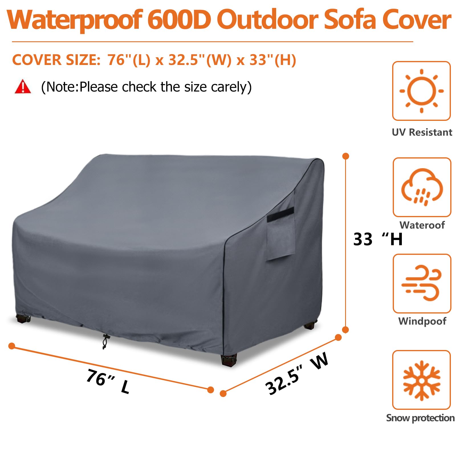 Dalema Outdoor 2-Seater Loveseat Cover,600D Heavy Duty 100% Waterproof Patio Sofa Cover,Furniture Covers for Sofa and Loveseat,76W x 32.5D x 33H Inches,Grey.