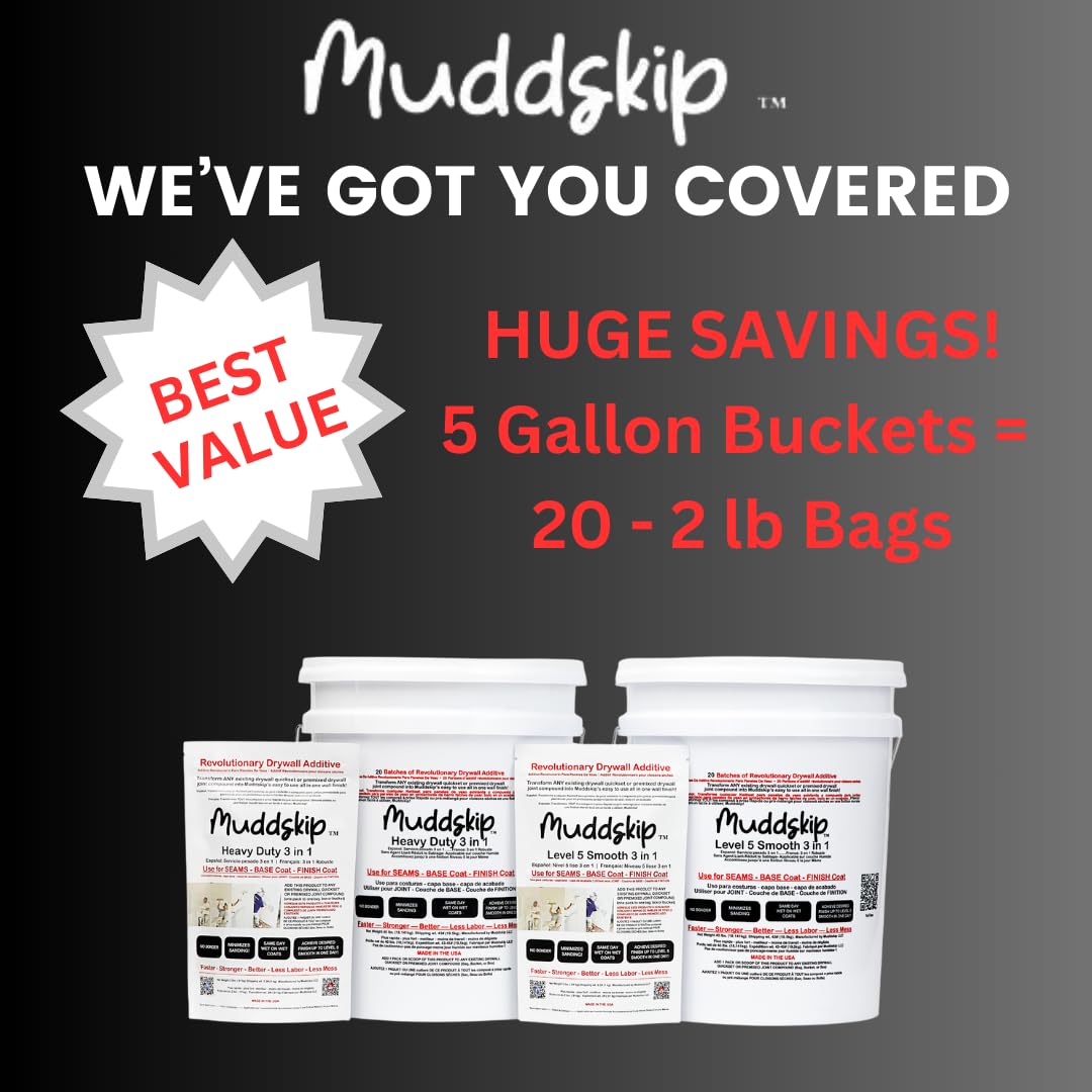 Muddskip Level 5 Smooth 3 in 1 Drywall Additive for Seams, Base & Finish Coats - Transforms Quickset or Joint Compound Into All in One Wall Finish – No Sanding, Same Day Wet On Wet Coats – 2 lb. Bag