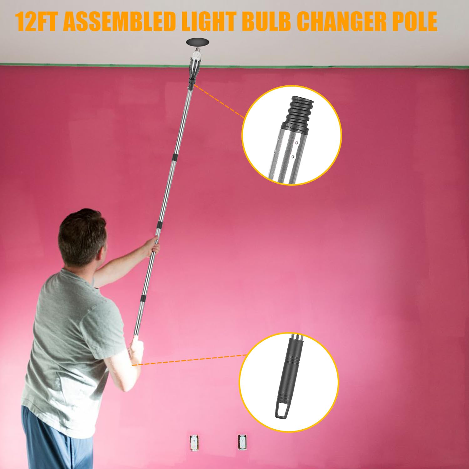 RANSOTO 12FT Assembled Light Bulb Changer Pole Compatible with High Ceilings Recessed Lights, Adjustable Light Bulb Removal Tool with Baskets and Suction Cup