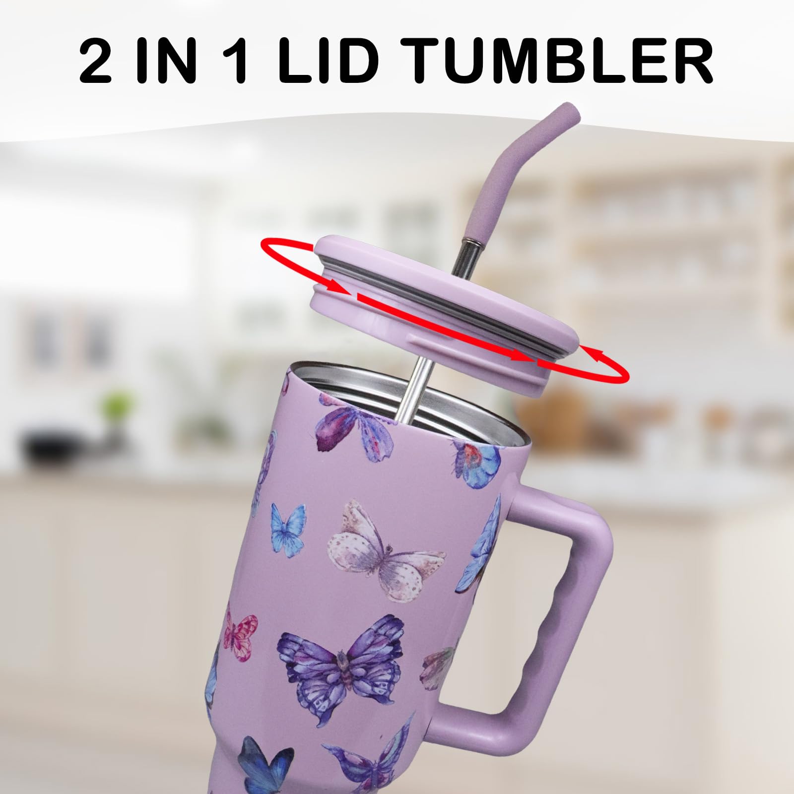 Butterfly Tumbler, Butterfly Gifts for Women 40 oz Butterfly Tumbler with Handle and Straw Cup Holder Friendly Insulated Travel Mug Stainless Steel Water Bottle