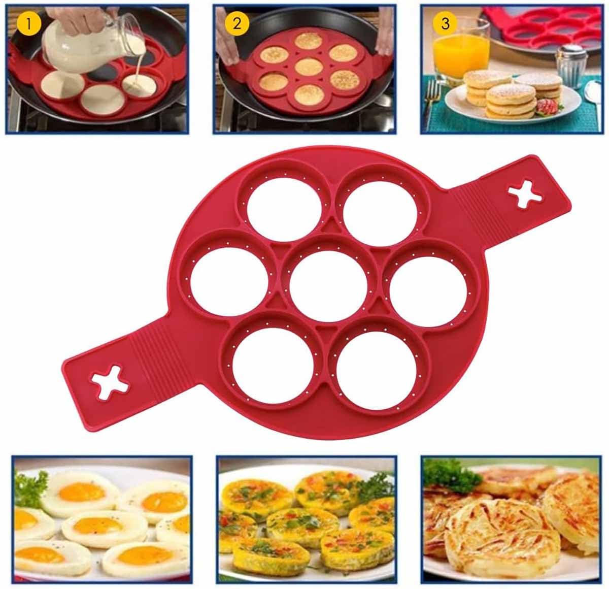 Flip N Cook Silicone Pancake Mold, Flip'n'cook Pancake, Flip and Cook Pancake Maker, Flip and Cook Silicone Pancake Maker, Flip'n'cook Silicone Pancake Mold (Red-Round)