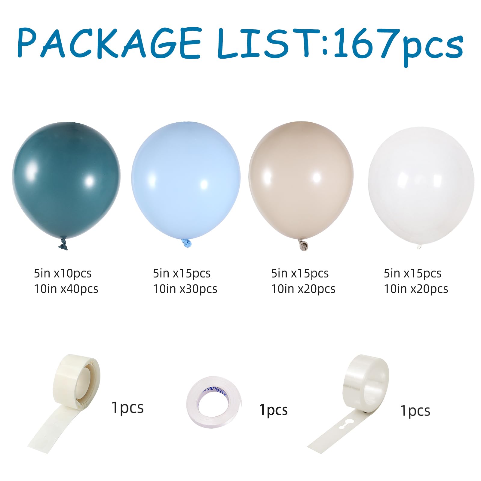 Dusty Blue Balloon Garland Kit - 167pcs Blue Balloon Arch kit with Dusty Blue, Baby Blue, Sand White, White Balloons - Perfect for Baby Shower Wedding Boy Birthday Decoration