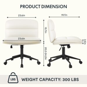 FLEXISPOT Cross Legged Office Chair Armless Desk Chair Comfy Wide Seat Criss Cross Chair with Wheels Vanity Chair for Living Room Bedroom Study Room(White Light Beige)