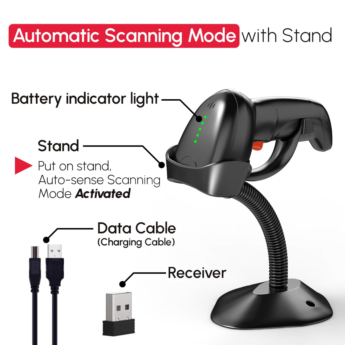 Rayoungtek Wireless 1D/2D QR Code Barcode Scanner, Automatic Scanning with Stand, 2.4G Wireless and Wired Bar Code Reader Handheld Battery-Powered Barcode Scanner