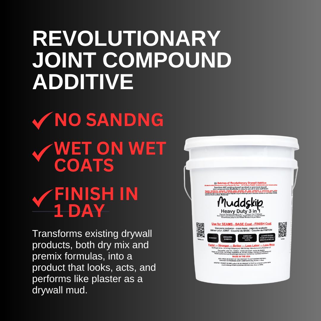 Muddskip Level 5 Smooth 3 in 1 Drywall Additive for Seams, Base & Finish Coats - Transforms Quickset or Joint Compound Into All in One Wall Finish – No Sanding, Same Day Wet On Wet Coats – 2 lb. Bag