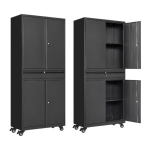 zaous metal storage cabinet, heavy duty garage cabinet on wheels, 72'' tall storage cabinets tool cabinet with doors and shelves for home office utility room, black