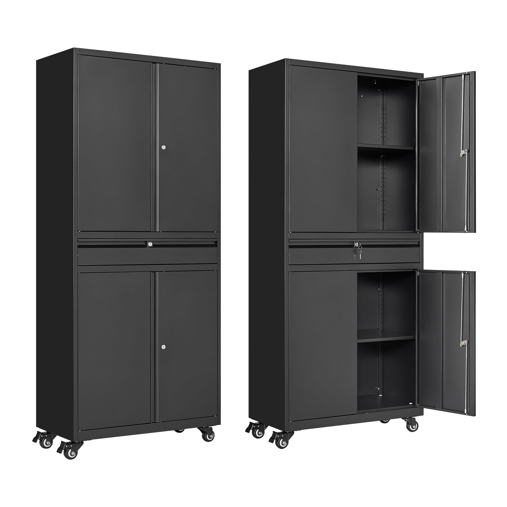 ZAOUS Metal Storage Cabinet, Heavy Duty Garage Cabinet on Wheels, 72'' Tall Storage Cabinets Tool Cabinet with Doors and Shelves for Home Office Utility Room, Black