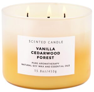 vanilla cedarwood forest candle - large 3 wick scented candle - winter balsam fir candle with clove & cedar - natural soy candle for home 15.8 oz - aromatherapy holiday candle gift for women & men