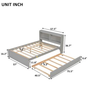 Full Size Bed Frame with Trundle,Captain’s Bed Full with Bookcase Headboard for Kids,Trundle Bed with Storage for Kids,Teens,Adults(Grey)