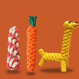 WFIST Dog Rope Toy Set for Small to Medium Aggressive Chewers, Set of 3 Includes Carrot, Corn and Giraffe, 100% Cotton Dental Cleaning Chew Toys