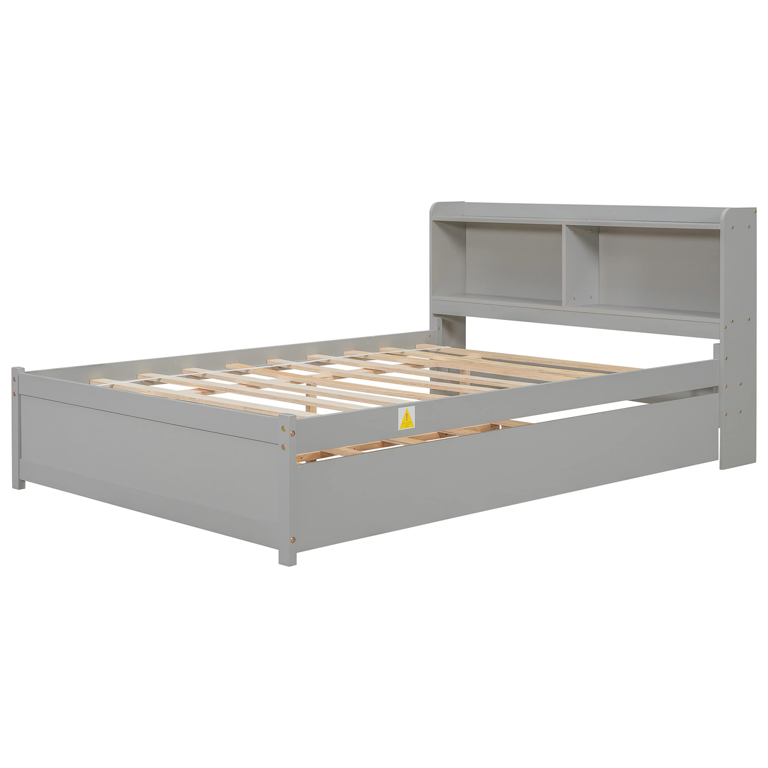 Full Size Bed Frame with Trundle,Captain’s Bed Full with Bookcase Headboard for Kids,Trundle Bed with Storage for Kids,Teens,Adults(Grey)