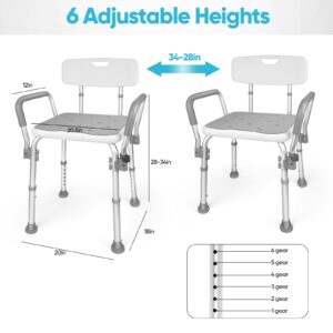 2024 New Shower Chair with Arms and Back,6 Levels Height Adjustable Shower Chair for Elderly and Disabled,Tool-Free Shower Seat for Bathtub,Shower Bath Chair for Elderly/Disabled