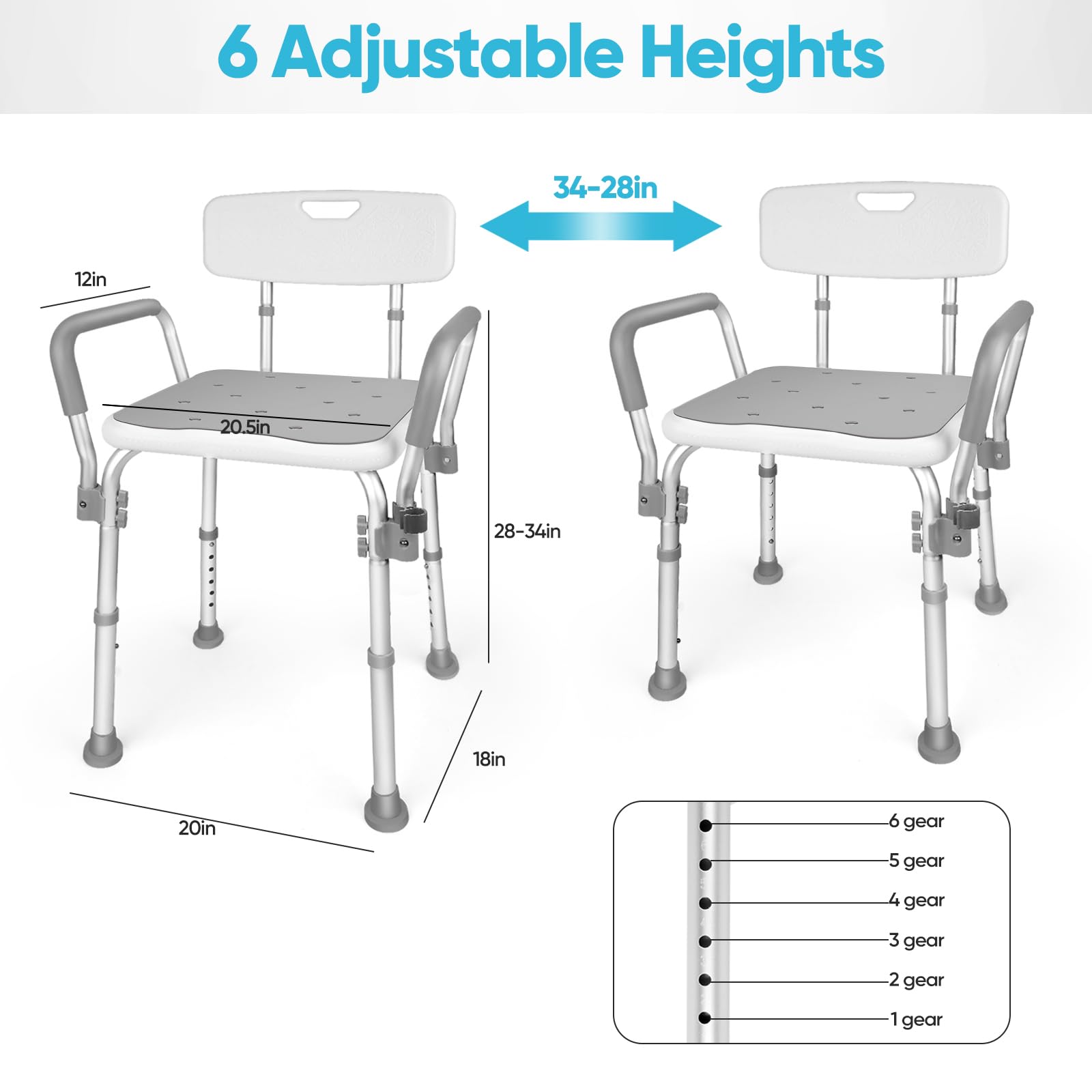 2024 New Shower Chair with Arms and Back,6 Levels Height Adjustable Shower Chair for Elderly and Disabled,Tool-Free Shower Seat for Bathtub,Shower Bath Chair for Elderly/Disabled