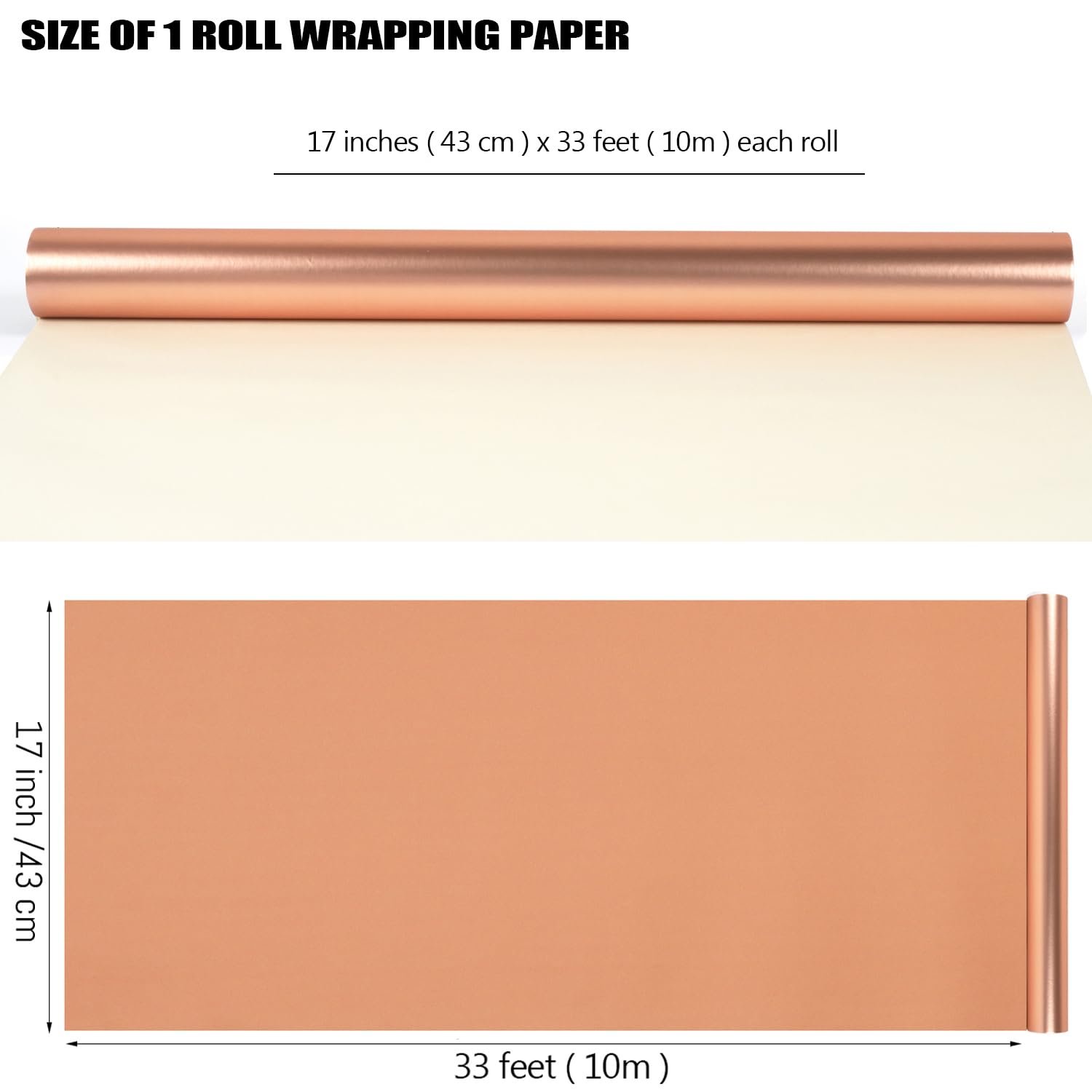 Rose Gold Wrapping Paper Roll - Solid Color Metallic Wrapping Paper - Matte Wrapping Paper Roll - Gift Wrapping Paper for Birthday Wedding Christmas Mother's Day Baby Shower - 17 Inches x 32.8 Feet