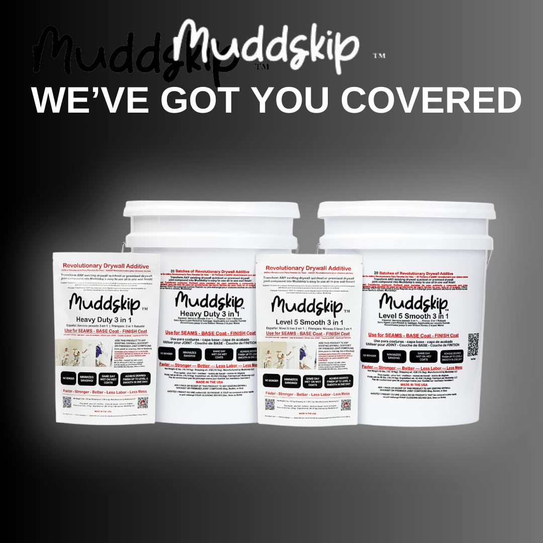 Muddskip Level 5 Smooth 3 in 1 Drywall Additive for Seams, Base & Finish Coats - Transforms Quickset or Joint Compound Into All in One Wall Finish – No Sanding, Same Day Wet On Wet Coats – 2 lb. Bag