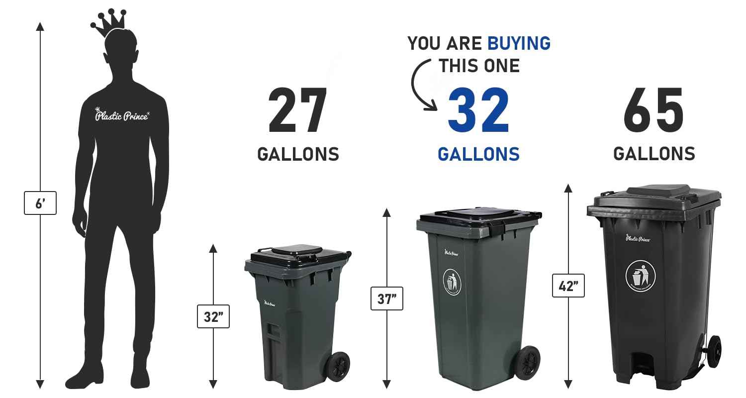 32 Gallon Large Outdoor Trash Can with Lid Snap-Lock - Outside Plastic Rolling Garbage Can and Wheels- Rollout Commercial Heavy-Duty Container Barrel