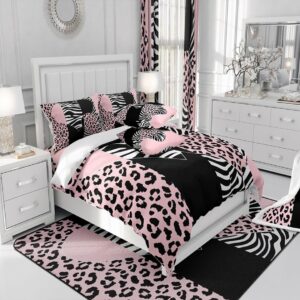 Leopard Print Duvet Cover Set Queen Size,Zebra Skin Texture Bedding Set 3Pcs,Kids Girls Teens Room Decor,Striped Fashion Comforter Cover,Pink Black White Love Printed Bedspreads Cover,2 Pillowcases