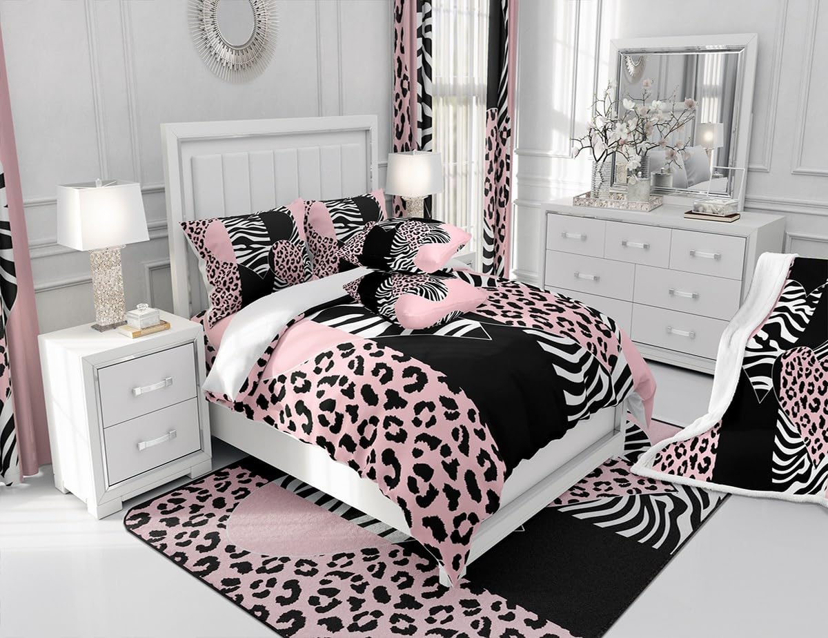 Leopard Print Duvet Cover Set Queen Size,Zebra Skin Texture Bedding Set 3Pcs,Kids Girls Teens Room Decor,Striped Fashion Comforter Cover,Pink Black White Love Printed Bedspreads Cover,2 Pillowcases