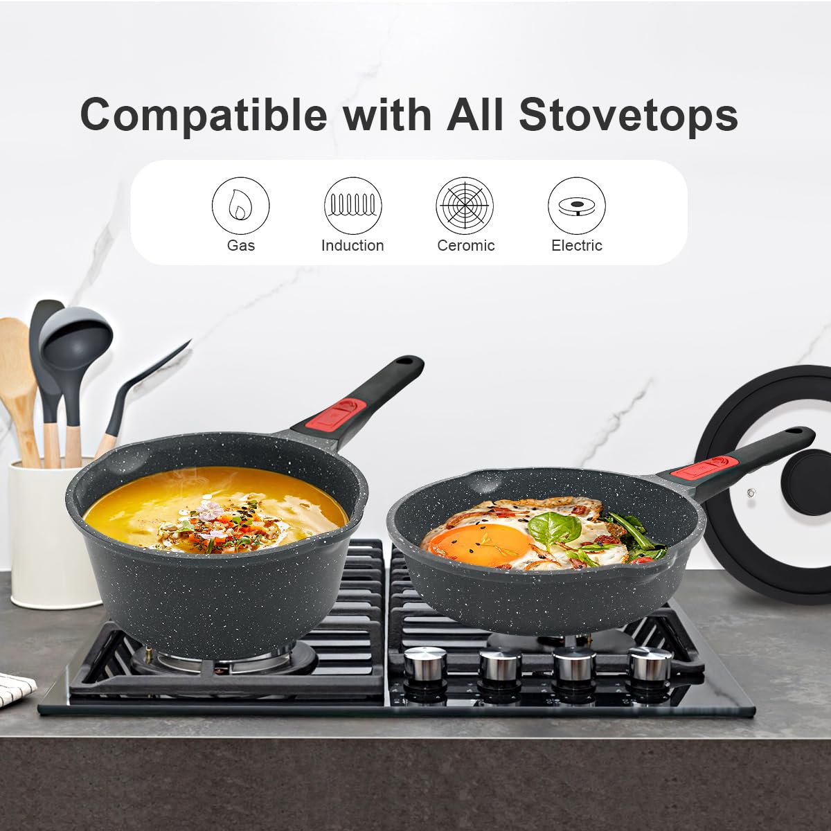 AIKENBBKK Nonstick Pot and Pan Set with Removeable Handle, Granite Coating 8 inch Frying Pan & 1.8 QT Saucepan with Lid, Oven& Dishwasher Safe (Black, 4pcs Sets)