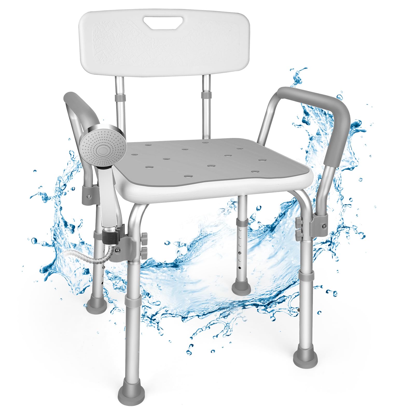 2024 New Shower Chair with Arms and Back,6 Levels Height Adjustable Shower Chair for Elderly and Disabled,Tool-Free Shower Seat for Bathtub,Shower Bath Chair for Elderly/Disabled