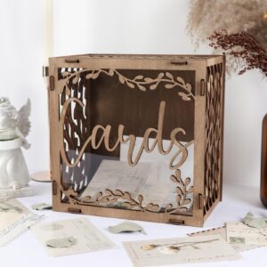 OurWarm Wedding Card Box with Window, Brown Wooden Box Wedding Decorations for Reception, Money Index Card Box for Wedding Bridal Shower Decorations Rustic Wedding Decor Party Decorations