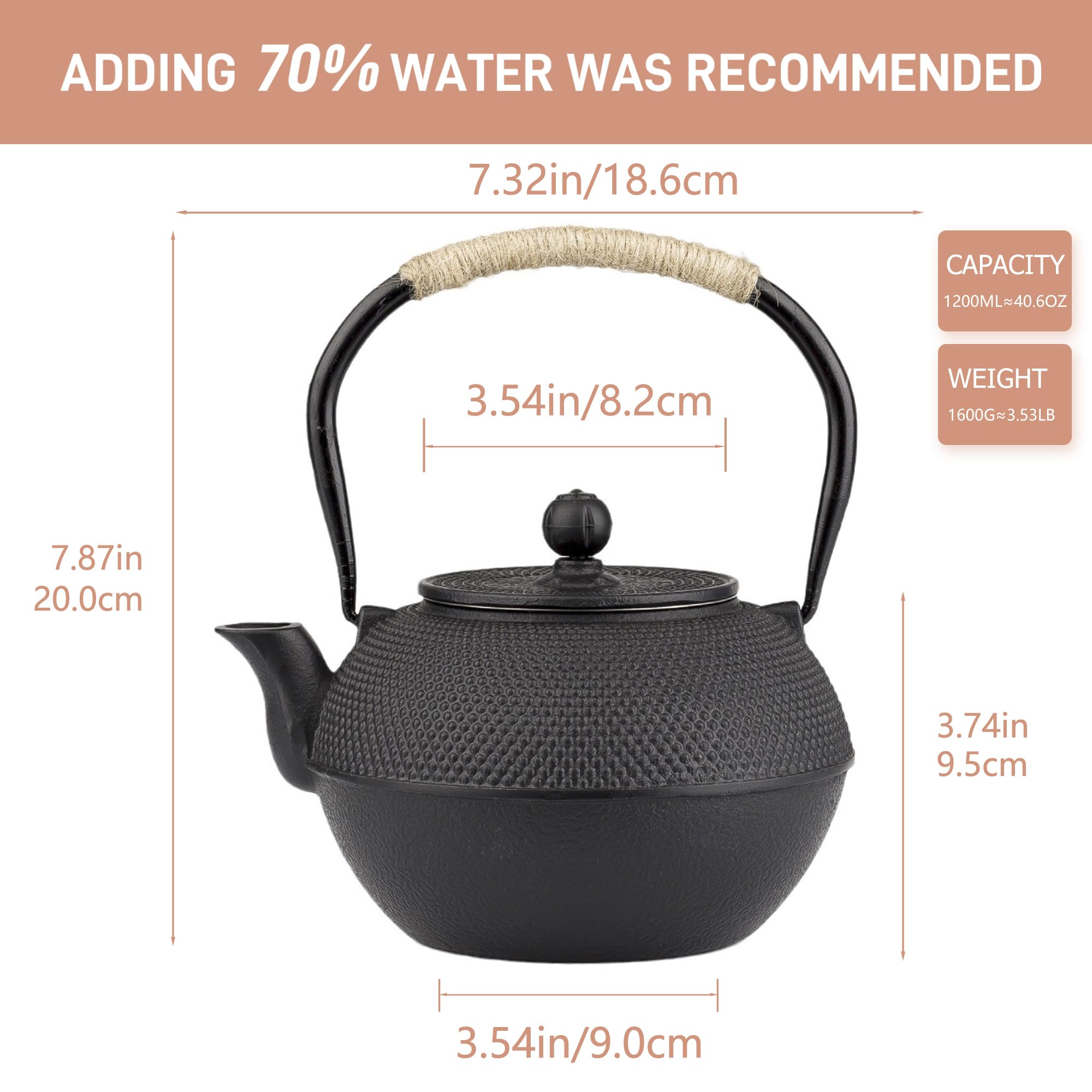 SECHUDO Japanese Tetsubin Cast Iron Teapot Tea Kettle pot with Stainless Steel Infuser for Stovetop Safe Coated with Enameled Interior (Black, 1200ml)