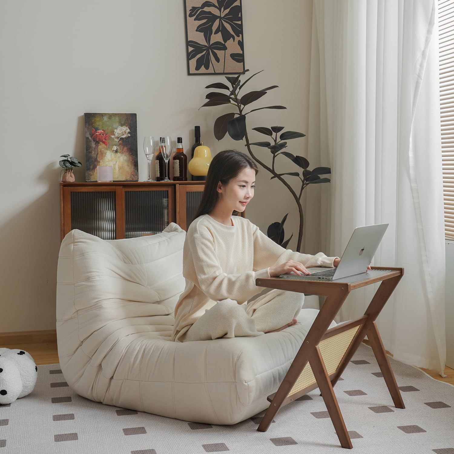 N&V Fireside Chair, Mid Century Armless Floor Sofa, Soft Premium Microfiber Floor Lounge Chair, Foam Sofa Accent Chair for Living Room Bedroom and Office, (Single, Ivory)