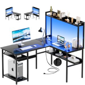 hyomdeck l shaped computer desk with hutch and storage shelves, gaming desk with led lights, reversible l-shaped desk with power outlets, home office desk, corner desk, black