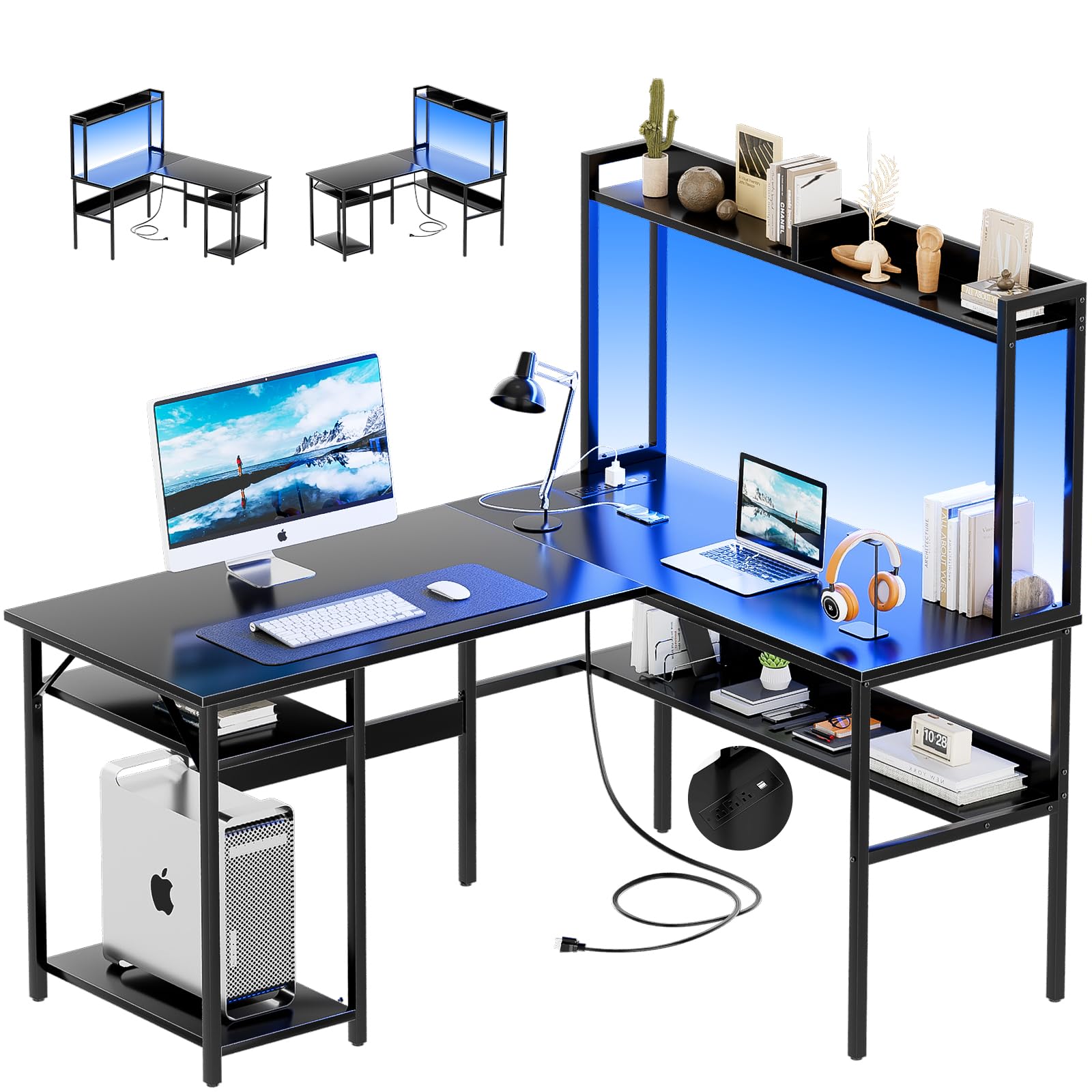 Hyomdeck L Shaped Computer Desk with Hutch and Storage Shelves, Gaming Desk with LED Lights, Reversible L-Shaped Desk with Power Outlets, Home Office Desk, Corner Desk, Black