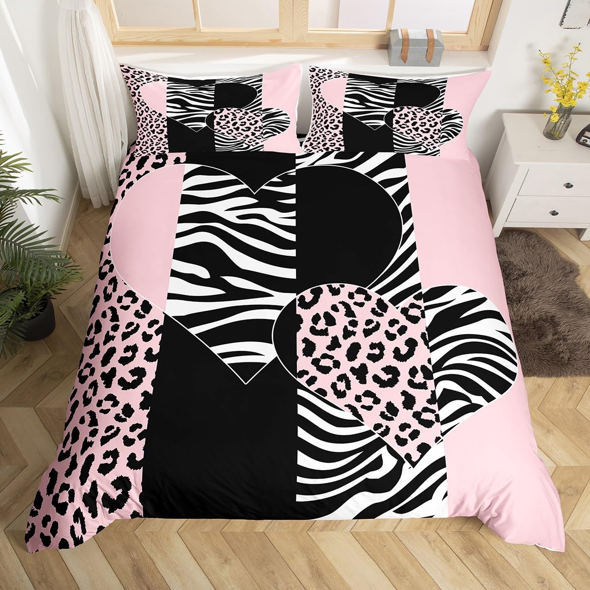 Leopard Print Duvet Cover Set Queen Size,Zebra Skin Texture Bedding Set 3Pcs,Kids Girls Teens Room Decor,Striped Fashion Comforter Cover,Pink Black White Love Printed Bedspreads Cover,2 Pillowcases