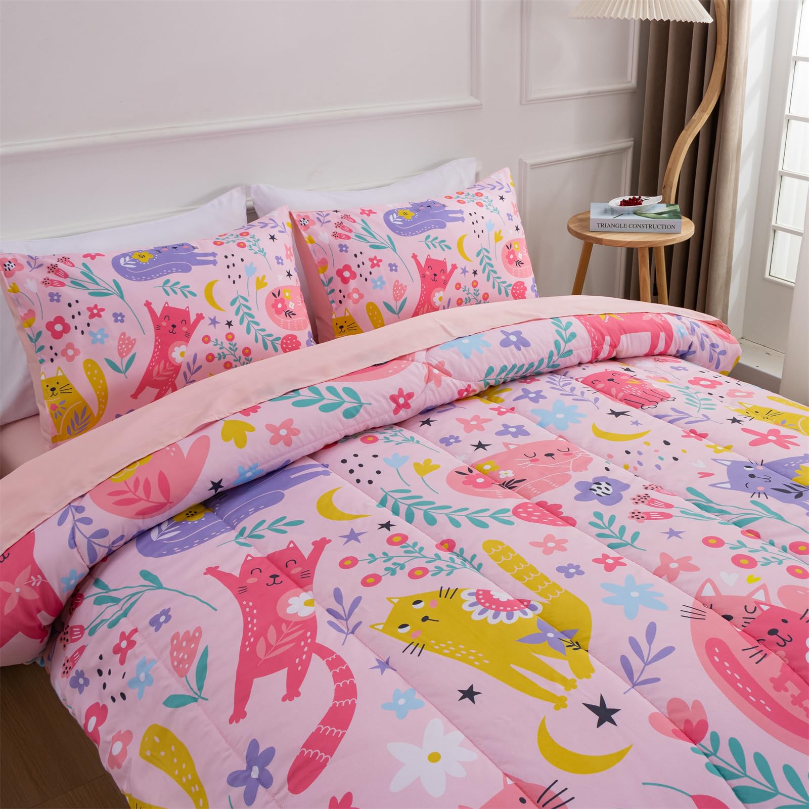 A Nice Night - for Kids Boys Floral Cats Printed on Pink Bedding Set,5Pcs Bed in A Bag Twin Size Comforter Set, Ultra Soft with Pillowcase (Pink)