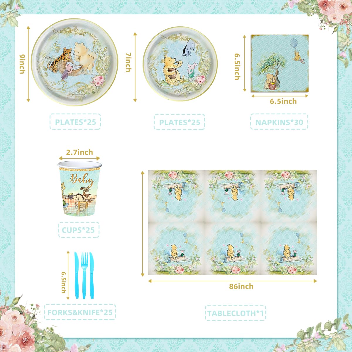 CAILESS Blue Winnie Bear Baby Shower Decorations, 156pcs Classic The Pooh Bear Baby Shower Party Supplies Included Plates Cups Napkins Cutlery Tablecloth Set Serves 25 Guests for Newborn Boy Birthday