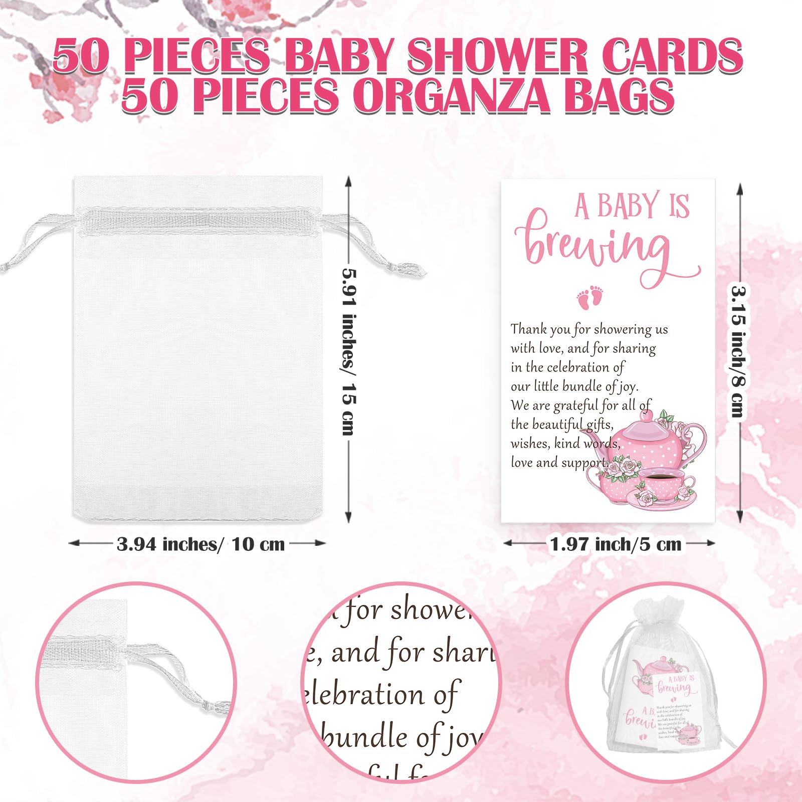 Spakon 50 Sets Baby Shower Tea Party Favors Baby Party Gift Include a Baby Is Brewing Tea Bags Baby Brew Bag Thank You Cards and Organza Bags Baby Shower Favors for Guests Gender Reveal, No Tea (Pink)