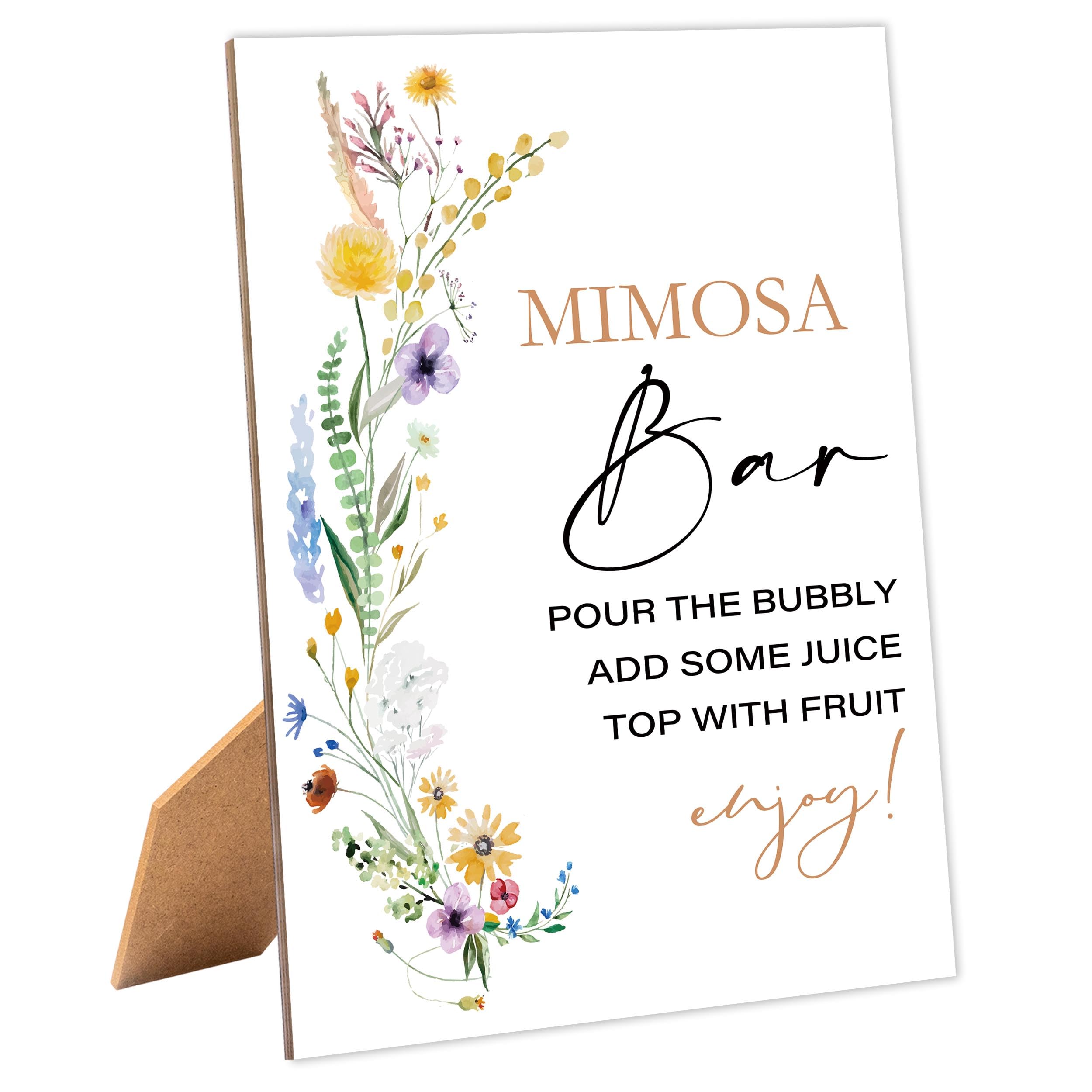 Boho Wildflower Bridal Shower Mimosa Bar Sign, Table Decor Bridal Shower Sign, Pack of 1 Wooden Tabletop Sign with Stand, Bridal Shower Decorations, Wedding Shower Supplies - XG05