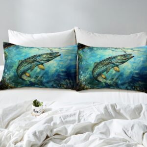 Feelyou Hunting and Fishing Pattern Duvet Cover Big Pike Fishing Bedding Set for Kids Underwater Animals Theme Comforter Cover Rustic Farmhouse Bedspread Cover Bedroom Collection 2Pcs Twin Size