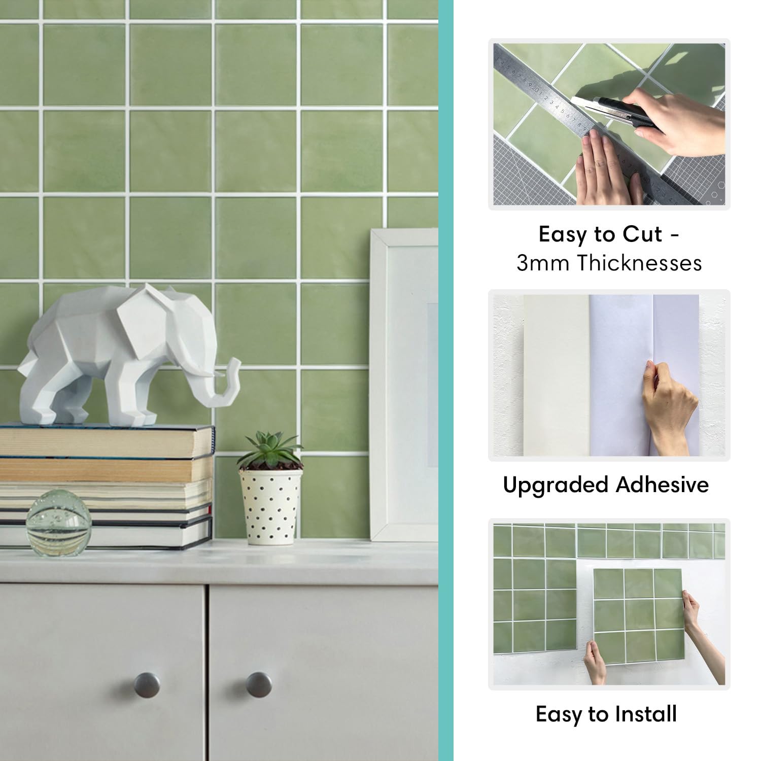 Commomy 10 Pcs Matte Sage Green Peel and Stick Wall Tile,11.8"X11.8" Ultralight PVC Wall Panels 3D Square Peel and Stick Backsplash for Kitchen,Bedroom,Living Room,Bathroom,RV