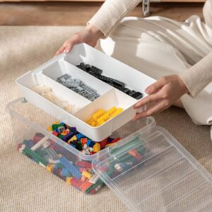 Plastic Craft Storage Organizer Box With Removable Tray, Clear Art Supplies Container Storage Bin with Lid Snap-Tight Latch For Lego Beads Tools Toys Sewing Photo Organizing (Transparent)