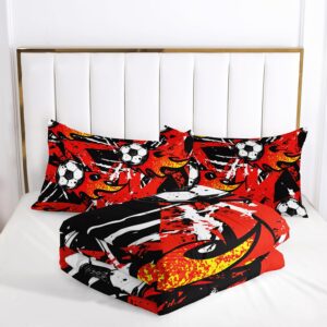 AILONEN Soccer Comforter Set Full Size, Red Flame Black Basketball Pattern Bed in a Bag for Boys Teens Kids Men,Comic Soccer Sports Theme Quilt Set,1 Quilt and 2 Pillowcases,3 Pieces