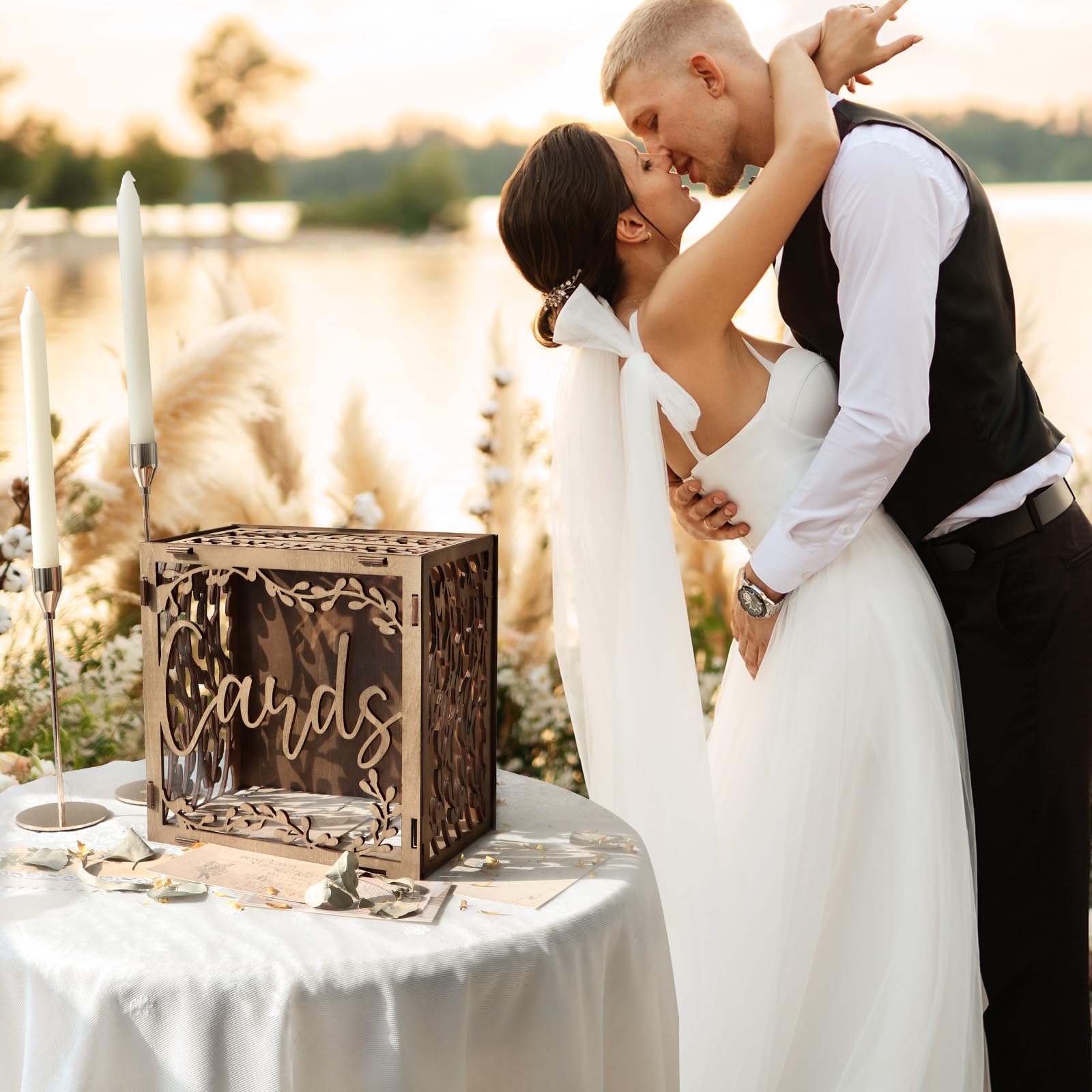 OurWarm Wedding Card Box with Window, Brown Wooden Box Wedding Decorations for Reception, Money Index Card Box for Wedding Bridal Shower Decorations Rustic Wedding Decor Party Decorations