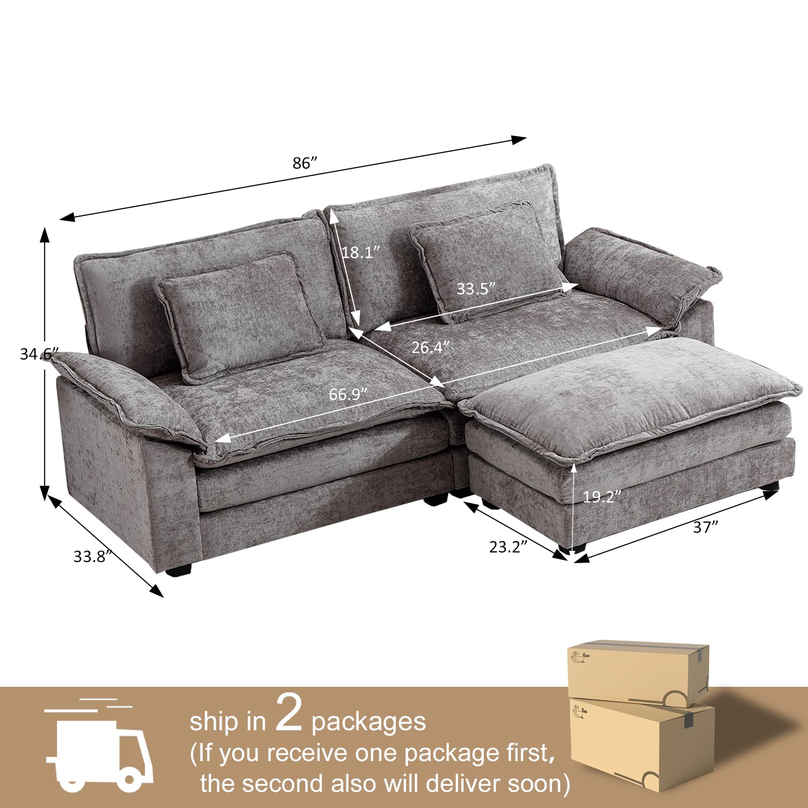 OQQOEE Sectional Sofa Cloud Sofa Couch with Ottoman,Modern Chenille Sofa Sleeper,Comfy Deep Seat Loveseat Sofa with Pillows for Living Room, Apartment (Chenille Grey, 2-Seater)