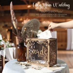 OurWarm Wedding Card Box with Window, Brown Wooden Box Wedding Decorations for Reception, Money Index Card Box for Wedding Bridal Shower Decorations Rustic Wedding Decor Party Decorations