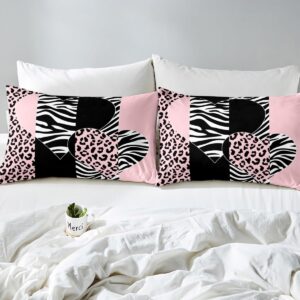 Leopard Print Duvet Cover Set Queen Size,Zebra Skin Texture Bedding Set 3Pcs,Kids Girls Teens Room Decor,Striped Fashion Comforter Cover,Pink Black White Love Printed Bedspreads Cover,2 Pillowcases