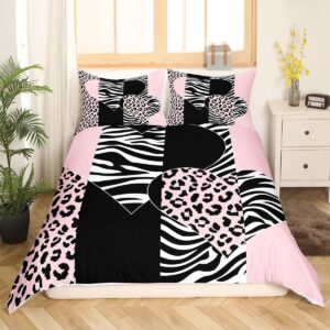 Leopard Print Duvet Cover Set Queen Size,Zebra Skin Texture Bedding Set 3Pcs,Kids Girls Teens Room Decor,Striped Fashion Comforter Cover,Pink Black White Love Printed Bedspreads Cover,2 Pillowcases