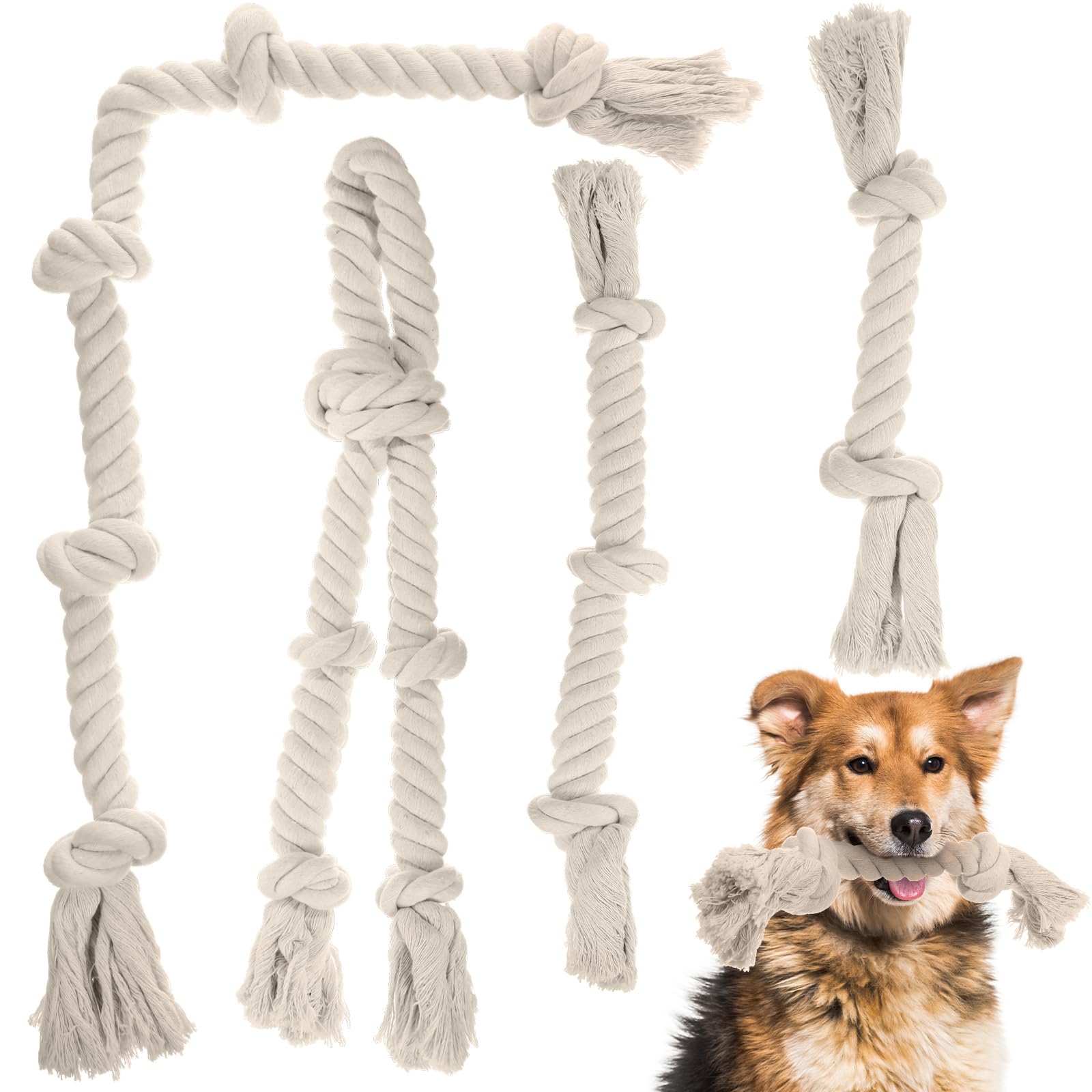 Glimin 4 Pcs Natural Cotton Rope Dog Toys White Tough Dog Rope Toy for Aggressive Chewers Interactive Knot Dog Toys for Large Dog Tug of War Dog Toy Heavy Duty Pet Supplies for Teeth Cleaning