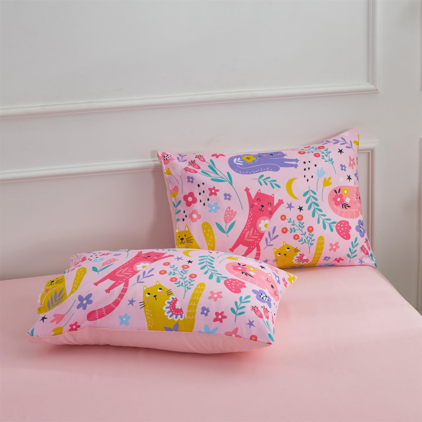 A Nice Night - for Kids Boys Floral Cats Printed on Pink Bedding Set,5Pcs Bed in A Bag Twin Size Comforter Set, Ultra Soft with Pillowcase (Pink)