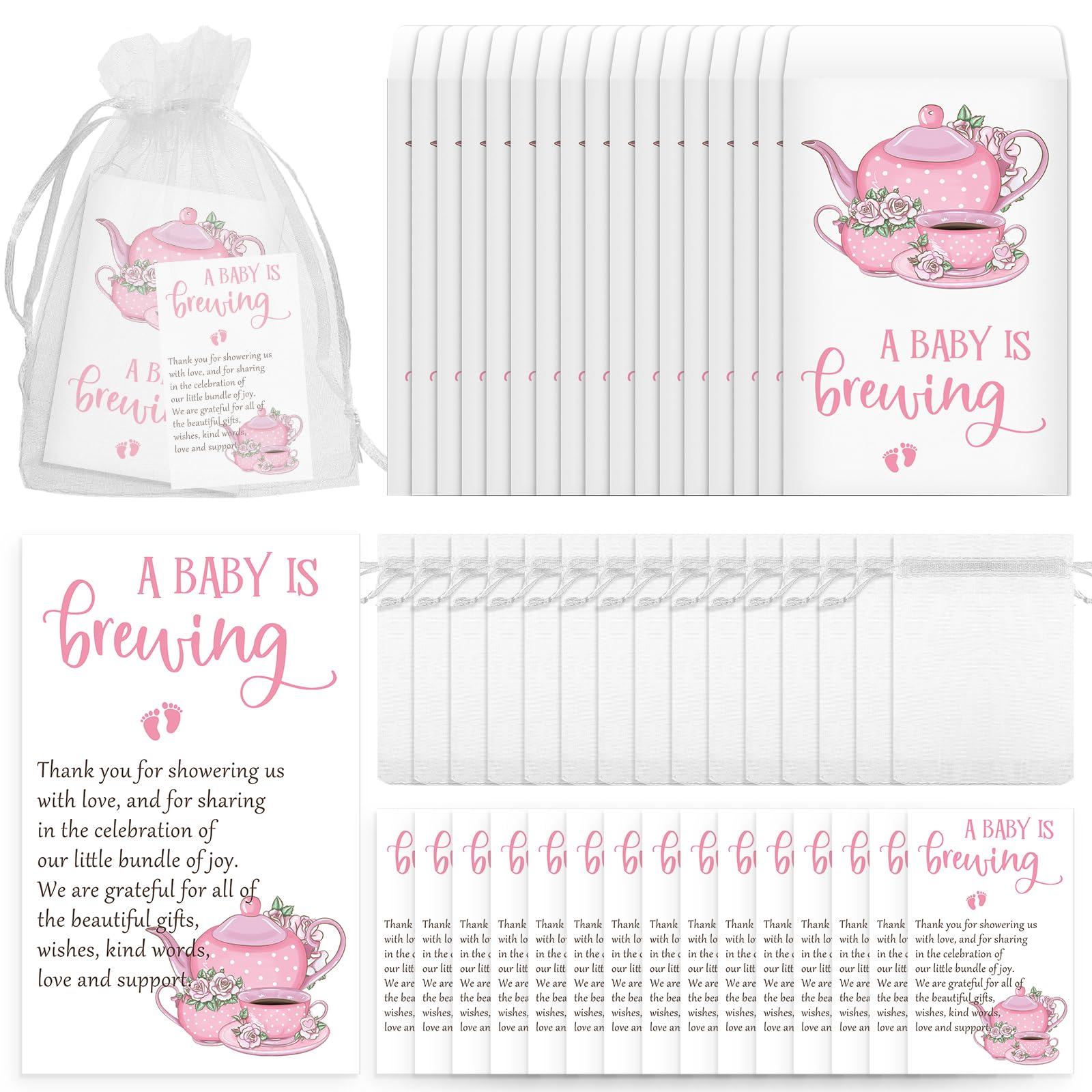 Spakon 50 Sets Baby Shower Tea Party Favors Baby Party Gift Include a Baby Is Brewing Tea Bags Baby Brew Bag Thank You Cards and Organza Bags Baby Shower Favors for Guests Gender Reveal, No Tea (Pink)