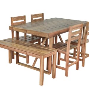 RuiSiSi 6 Piece Outdoor Dining Table Set with 4 Chairs and 1 Bench, Acacia Wood Outdoor Table and Chairs Set for 6 Persons, All Weather Patio Dining Table Set for Balcony, Backyard, Garden, Natural