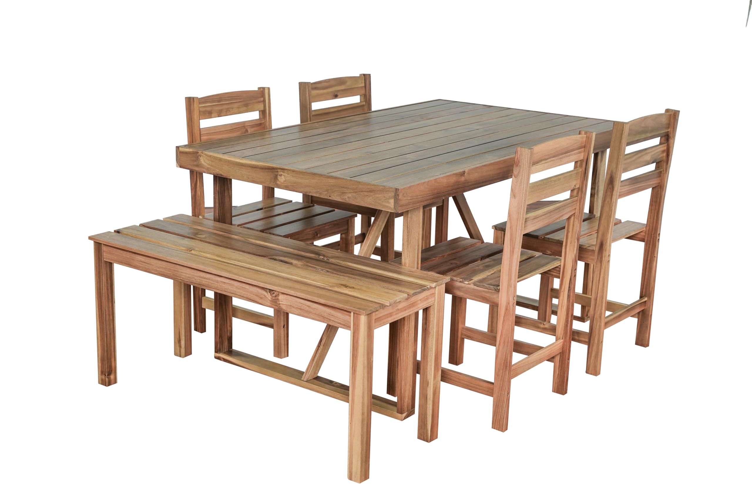 RuiSiSi 6 Piece Outdoor Dining Table Set with 4 Chairs and 1 Bench, Acacia Wood Outdoor Table and Chairs Set for 6 Persons, All Weather Patio Dining Table Set for Balcony, Backyard, Garden, Natural