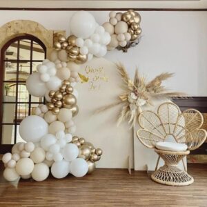 White Sand Gold Balloons Garland Arch Kit,156PCS White Nude Balloons with Metallic Chrome Gold Latex Balloons for Boho Wedding Baby Shower Bridal Shower Birthday Engagement Party Decorations